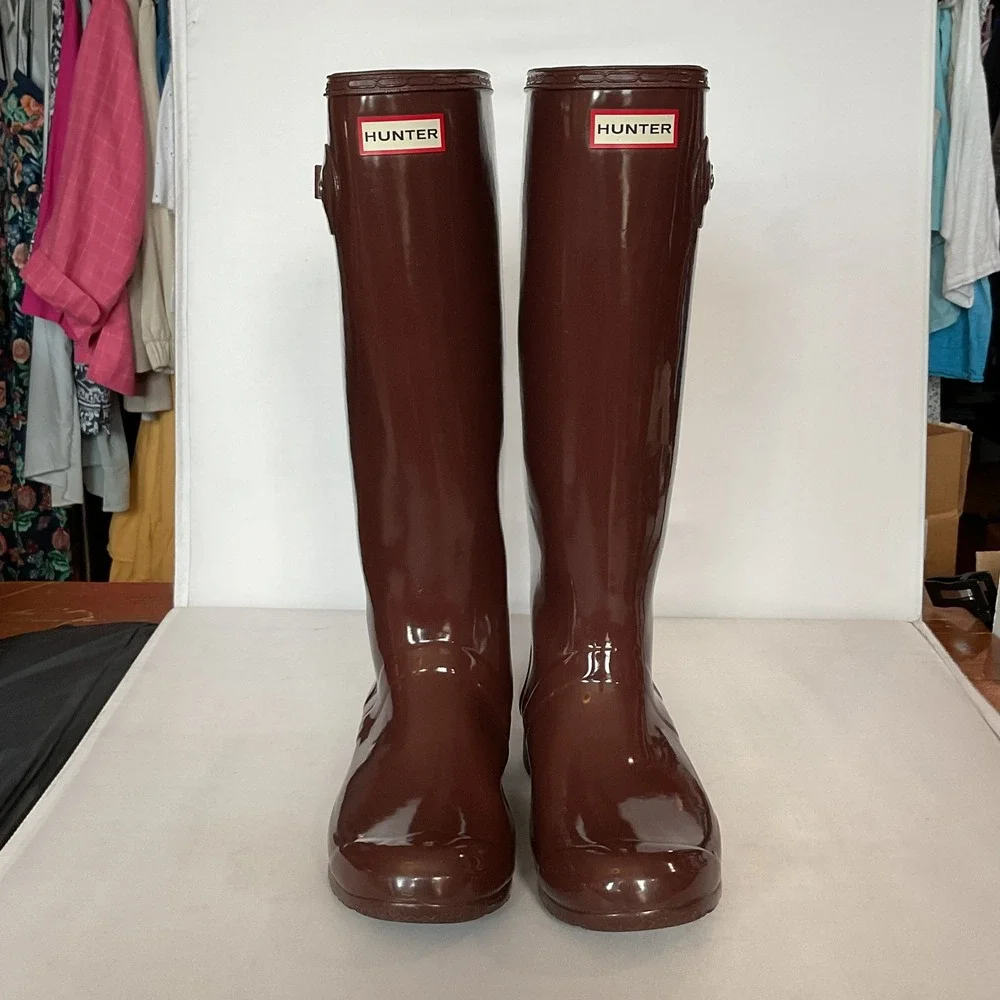 Hunter Original Tall Gloss Brown Rubber Rain Boots Womens Size 10 Waterproof